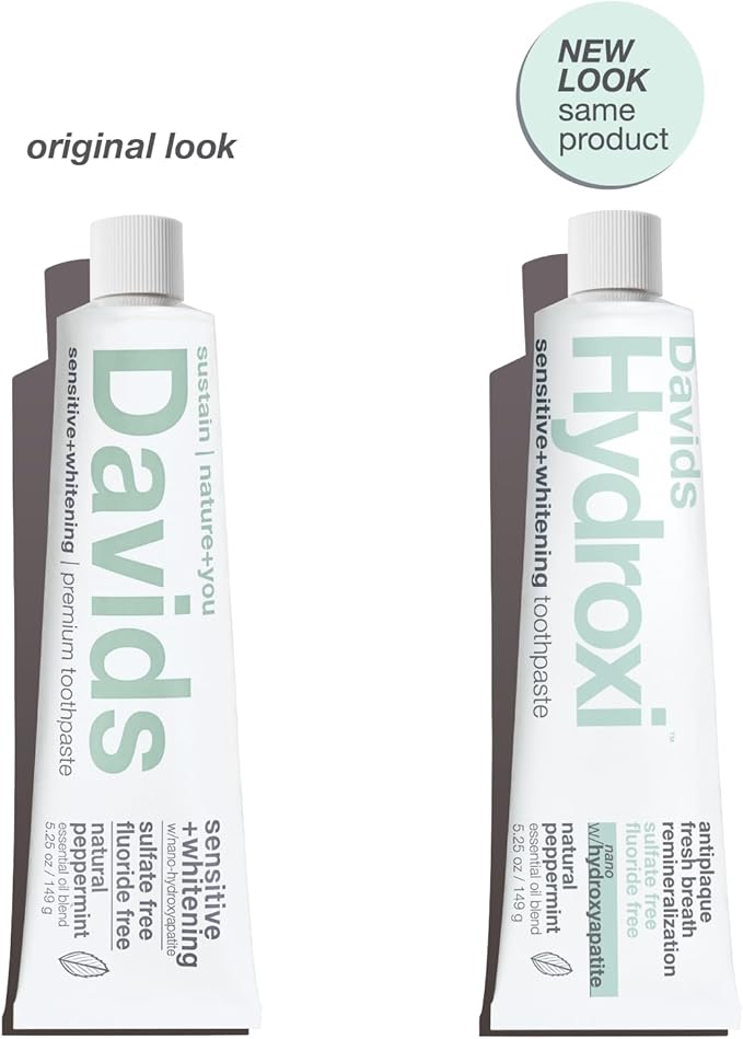 Davids Hydroxi Fluoride Free Nano Hydroxyapatite Toothpaste for Remineralizing Enamel & Sensitive Relief, Whitening, Antiplaque, SLS Free, Natural Peppermint, 5.25oz, Made in USA