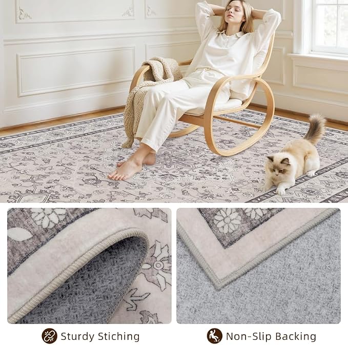 Area Rugs 9x12 Living Room: Bedroom Washable Carpet Beige & Grey | Large - Image 4