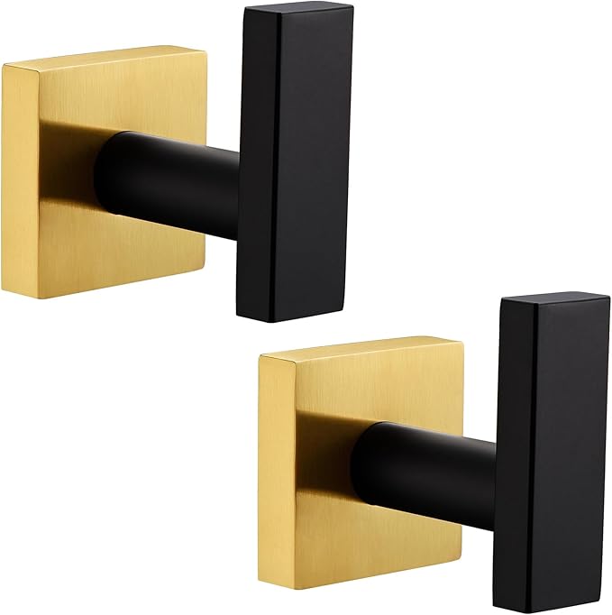 Angle Simple Bathroom Towel Hook 2 Pack, SUS 304 Stainless Steel Bath Robe Coat Holder Wall Mounted, Black & Gold