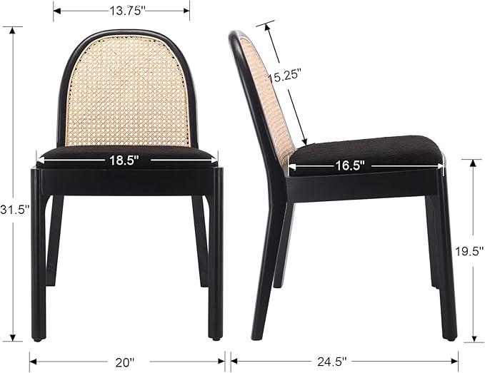 Mid Century Dining Chairs Set of 6, Accent Rattan Sherpa Fabric Side Chairs Kitchen Chair with Solid Wooden Legs for Living Room Dining Room, Black