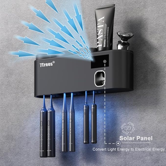 Toothbrush Sanitizer, Self Adhesive Toothbrush Holder with 3 Cups, Automatic Toothpaste Squeezer Dispenser Bathroom Accessories Set (Black)