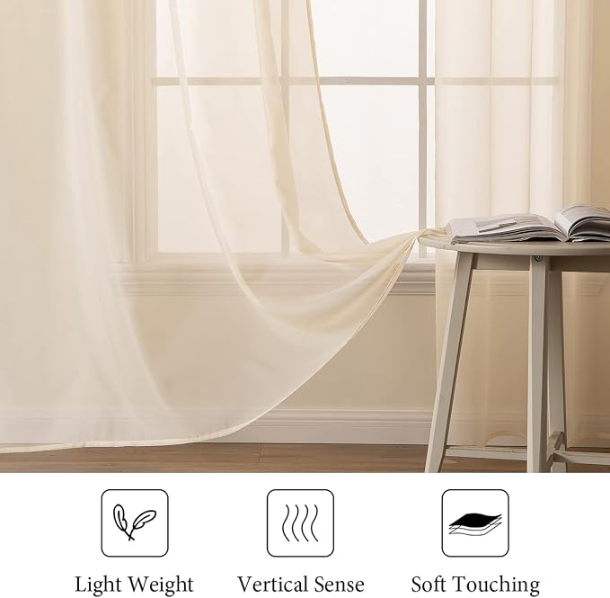 MIULEE Cream Beige Sheer Curtains 38 X 45 Inches, 2 Panels | Sheer Window - Image 4