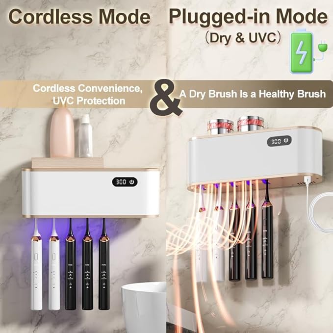 UV Toothbrush Sanitizer Holder for 4 | Wall Mounted Toothbrush Holder for Bathroom with Fan Drying | USB Rechargeable Toothbrush Cleaner & Sterilizer, No Drill Install, Modern Design (White Ⅱ)