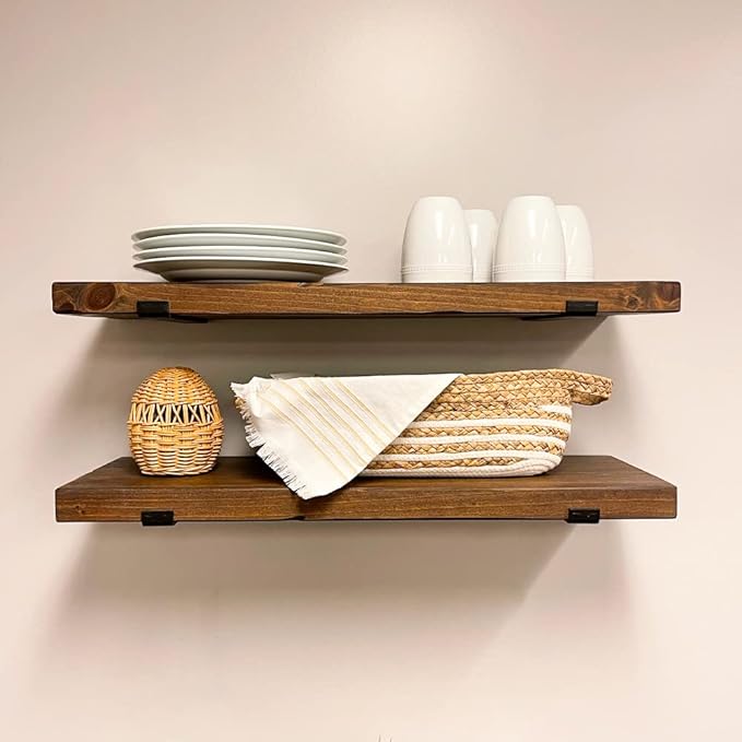 Rustic Shelves with J-Brackets Set of 2, Industrial Shelf, Kitchen Shelves, Solid Wood, Decorative Wall Storage, Heavy Duty, URBANDI (Provincial, 36Wx10D)