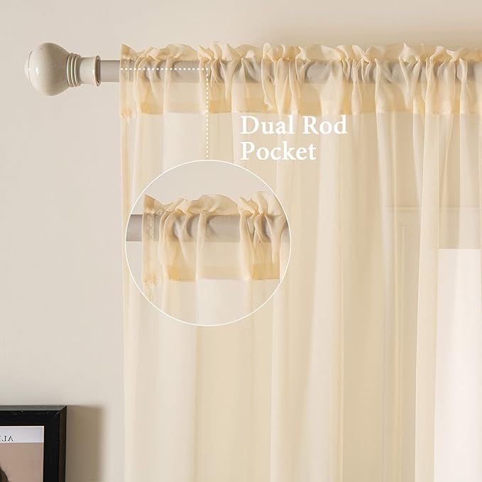 MIULEE Cream Beige Sheer Curtains 38 X 45 Inches, 2 Panels | Sheer Window - Image 2
