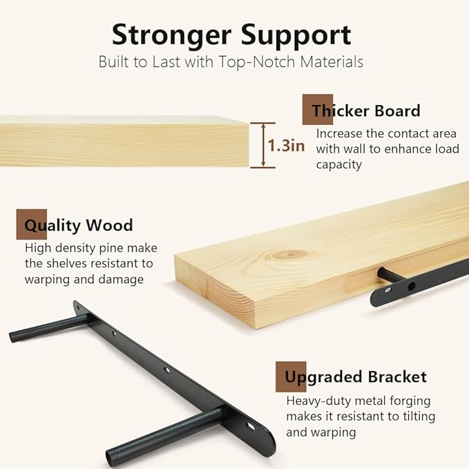 Habudda Floating Shelves for Wall, Solid Pine Wood Shelf for Bathroom Bedroom Kitchen, Rustic Room Decor, Wall Mounted, 30 Inches Long, Set of 2, Natural