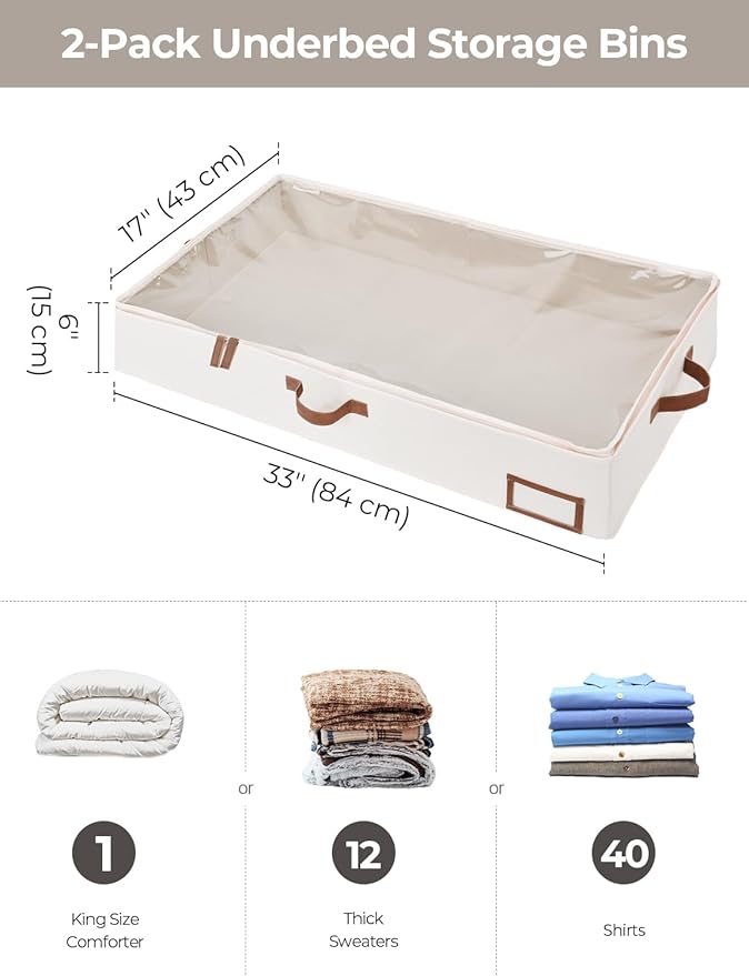 StorageWorks Large Under Bed Storage Containers with Handles and Label Holder, 2 Pack Ultra-thick Fabric Underbed Bins, Closet Organizer for Clothes, Blankets, Sweater