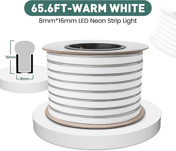 GZBtech Flexible LED Neon Rope Lights 66FT,AC 110-120V Waterproof Strip Light, 120 LEDs/M Cuttable Connectable Neon Lighting for Indoor Outdoor Home Decor/Commercial Building Use-Warm White 20M
