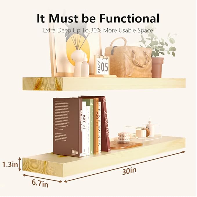 Habudda Floating Shelves for Wall, Solid Pine Wood Shelf for Bathroom Bedroom Kitchen, Rustic Room Decor, Wall Mounted, 30 Inches Long, Set of 2, Natural