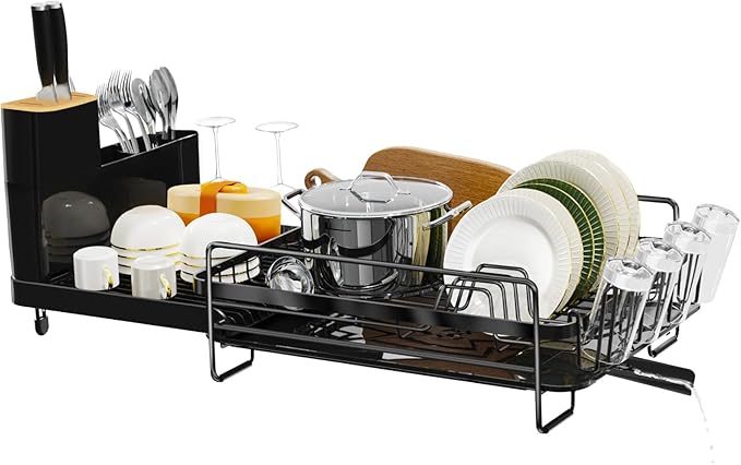 Runnatal Large Dish Drying Rack with Drainboard Set, Dish Rack, Extendable Dish Rack, Utensil Holder, Cup Holder, Expandable Dish Drainer for Kitchen Counter