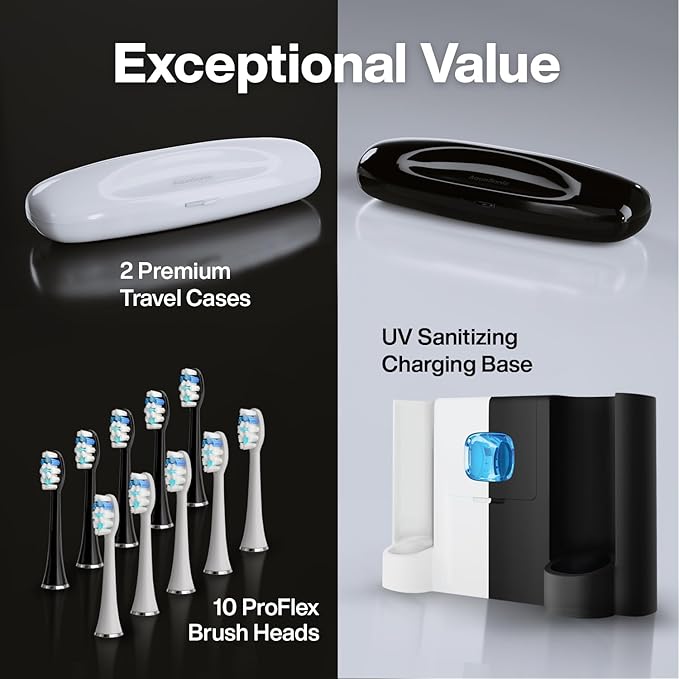 Aquasonic Duo PRO – Ultra Whitening 40,000 VPM Electric ToothBrushes – ADA Accepted - 5 Modes with Smart Timers - UV Sanitizing & Wireless Charging Base - 10 Proflex Brush Heads & 2 Travel Cases