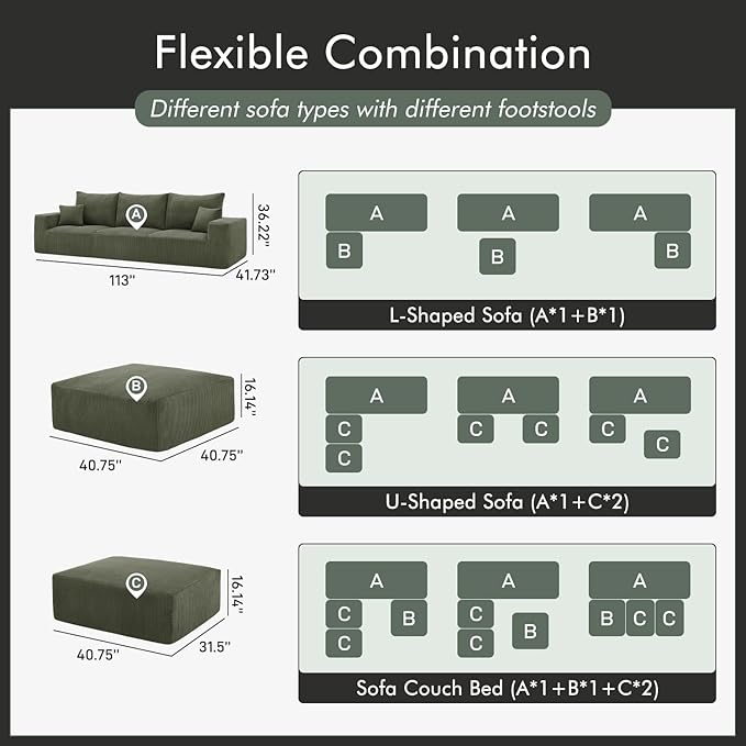 Boneless Sectional Cloud Couch Sofa Bed for Living Room, 112" Modular Modern Lounge 3 Seater Sleeper Green Couches with Chaise, No Assemble, Cordury Compression Upholstered Sofas