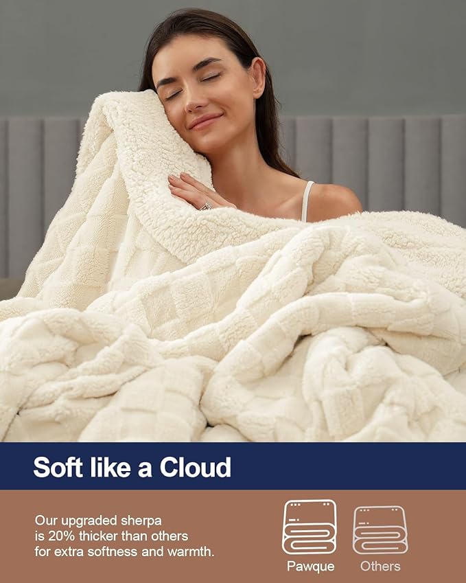 Pawque Super Soft Cozy Throw Blanket Queen Size for Couch Bed, Fluffy Sherpa Fleece Reversible Thick Warm Fuzzy Blanket for All-Season, 3D Checkered Jacquard Decorative Blankets, Cream White, 90"x90"