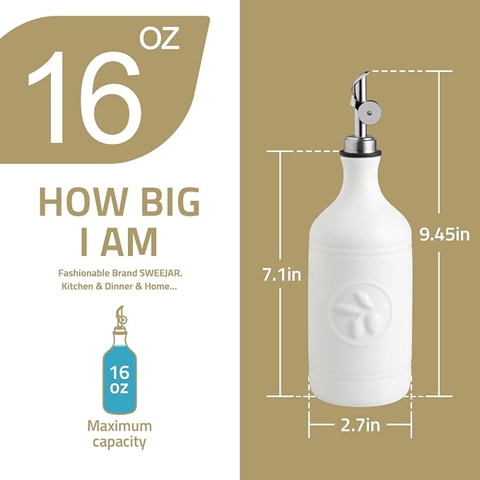 Sweejar 16 Oz Ceramic Olive Oil Dispenser Bottle, Oil Dispenser for Kitchen with Gravity Spout, Relief Opaque Vinegar Container for Evoo, Soy Sauce, 1 Pack(Red, Gold Spout)