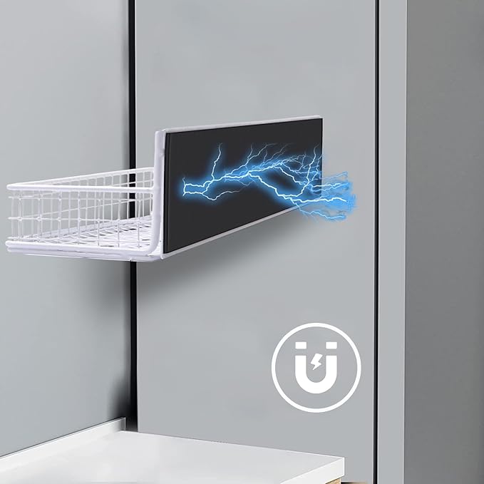 Magnetic Shelf for Fridge Magnetic Basket Organizer Wire Mesh Magnetic Holder Magnet Shelf Accessories for Office Kitchen Classroom Storage,White, 13.77" x 5.11" x 1.7"