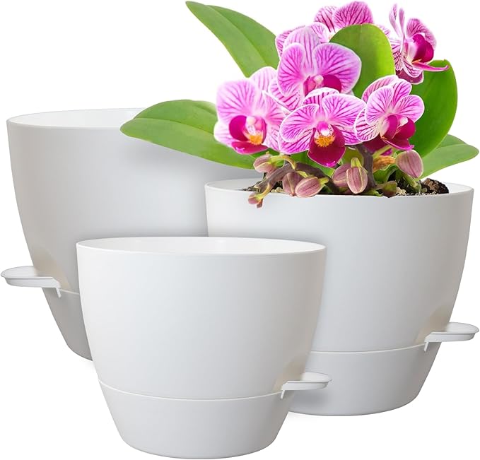 12/10/9 inch Large Self Watering Pots, Plant Pots with Mesh Drainage Holes for Indoor Outdoor Garden Plants, Flower Pots with Removable Deep Reservoir, Set of 3 Plastic Planters, White