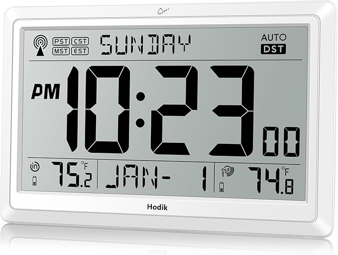 Wall Clock Atomic with Indoor Outdoor Temperature Battery Powered, Easy Reading with 10.5 Inch Large LCD Display, 330FT Range Table Wall Clock with DST, 12/24 Hour for Living Room Kitchen (White)