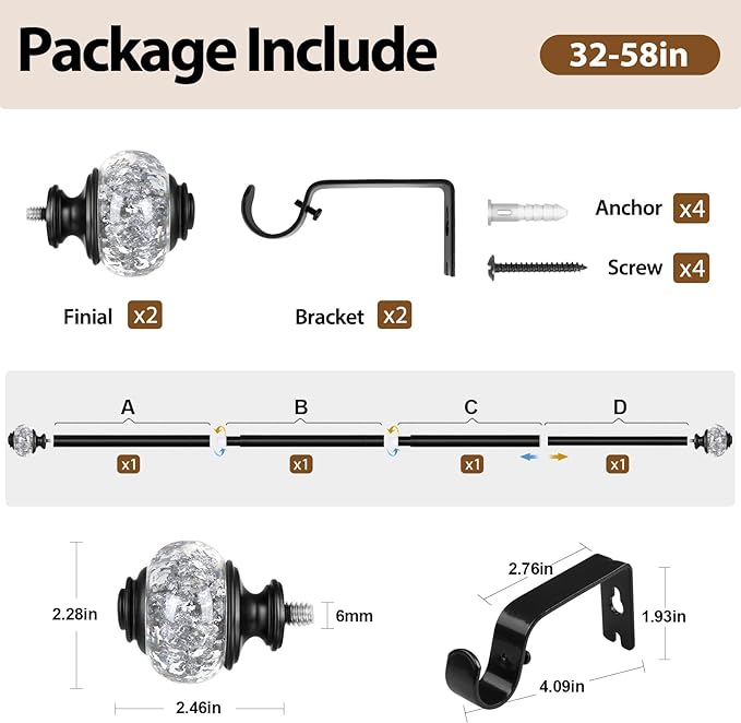 Black Curtain Rod, USFOOK 7/8 Inch Curtain Rods - Image 8