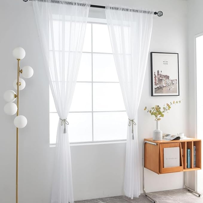 SpaceDresser Sheer White Curtains 4 Panels Rod Pocket Semi-Sheer Curtain 63 - Image 3