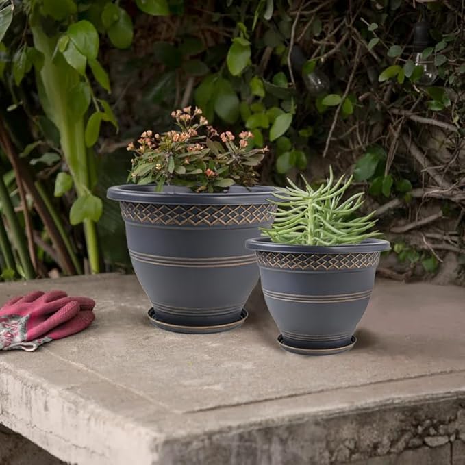 10 Inch 4 Pack Large Plant Pots, Plastic Flower Pot for Indoor & Outdoor with Drainage Holes & Saucer, Plaid Pattern Planters Garden Pots for Herbs