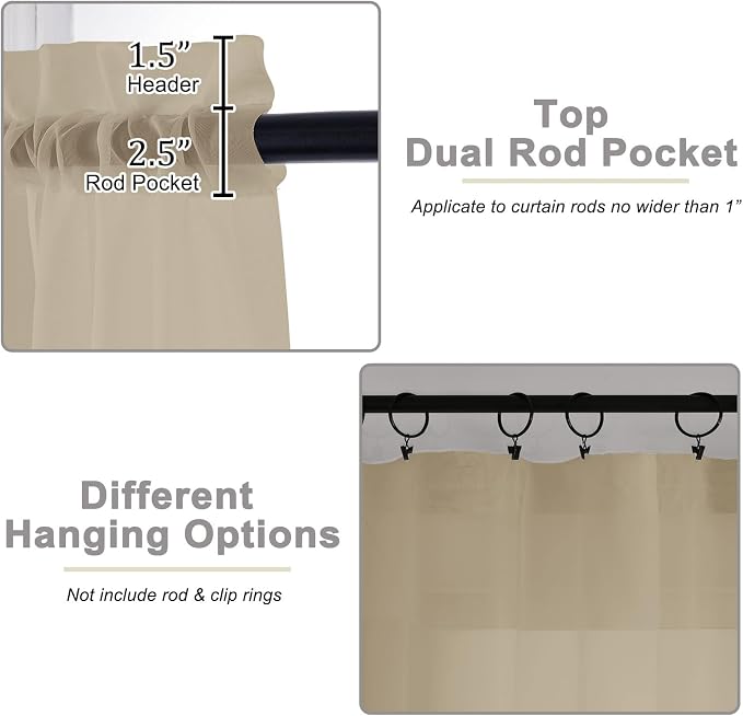 Taupe Valances for Windows, Taupe Sheer Curtains 14 Inch Length 2 Pack Kitchen - Image 4