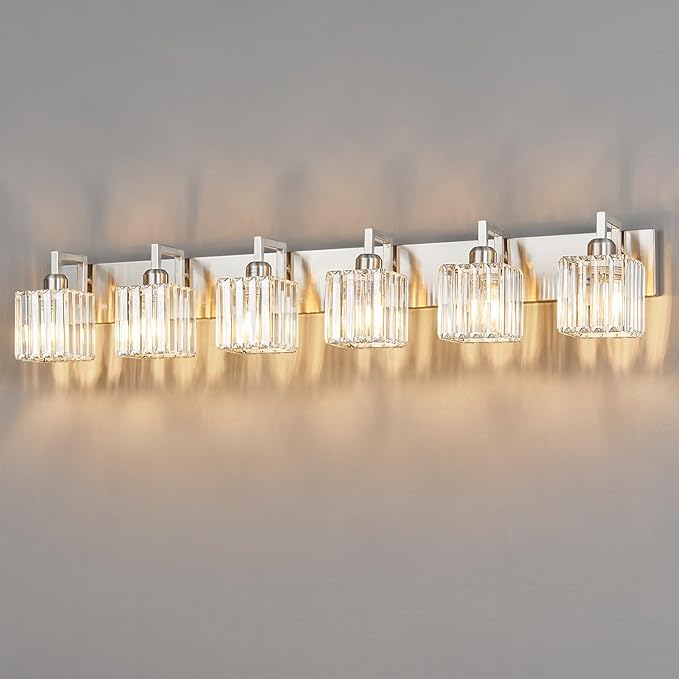 Modern Bathroom Vanity Light 6-Lights Brushed Nickel Vanity Light Crystal Wall Light Bathroom Light Fixtures