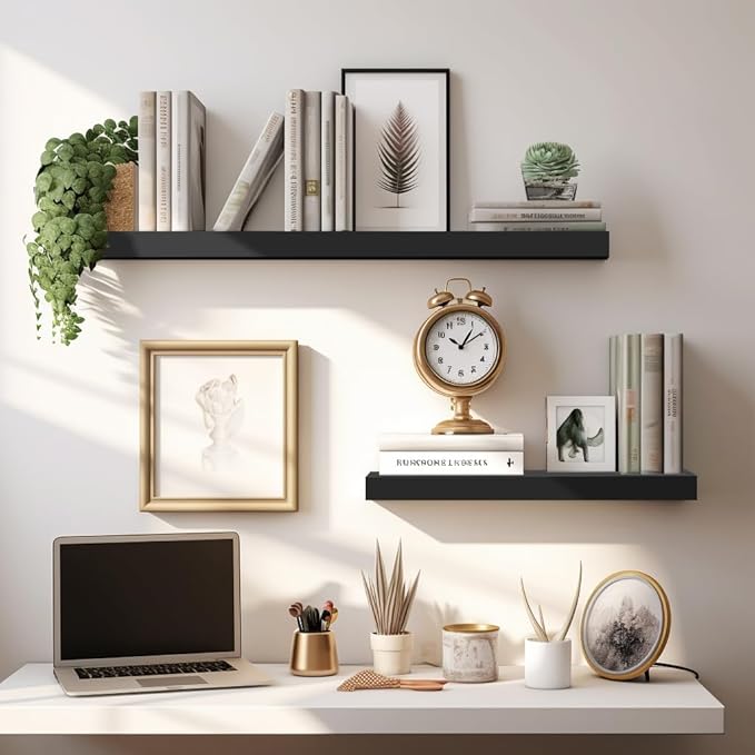 LaVie Home Floating Shelves, 24 Inch Wall Shelf Set of 2, Hanging Shelf with Invisible Brackets, Wall Decor for Bathroom, Bedroom, Living Room, Kitchen Storage, Classic Black