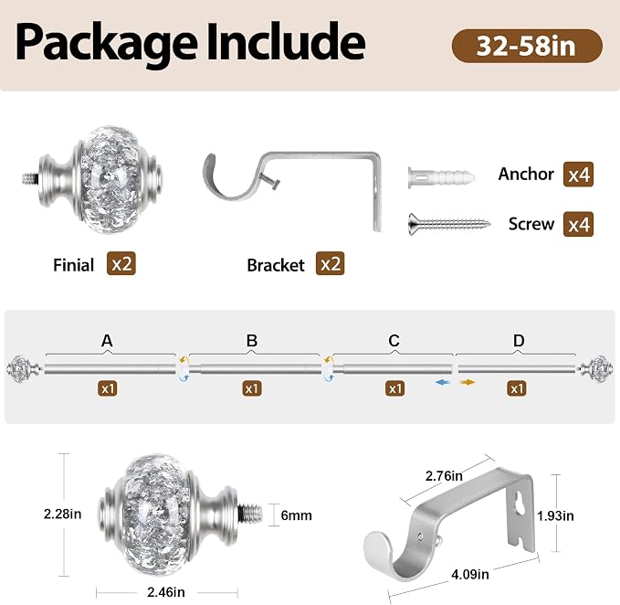 Curtain Rod 32 to 58 Inches, USFOOK 7/8 inch Telescoping Splicing Curtain rods - Image 8
