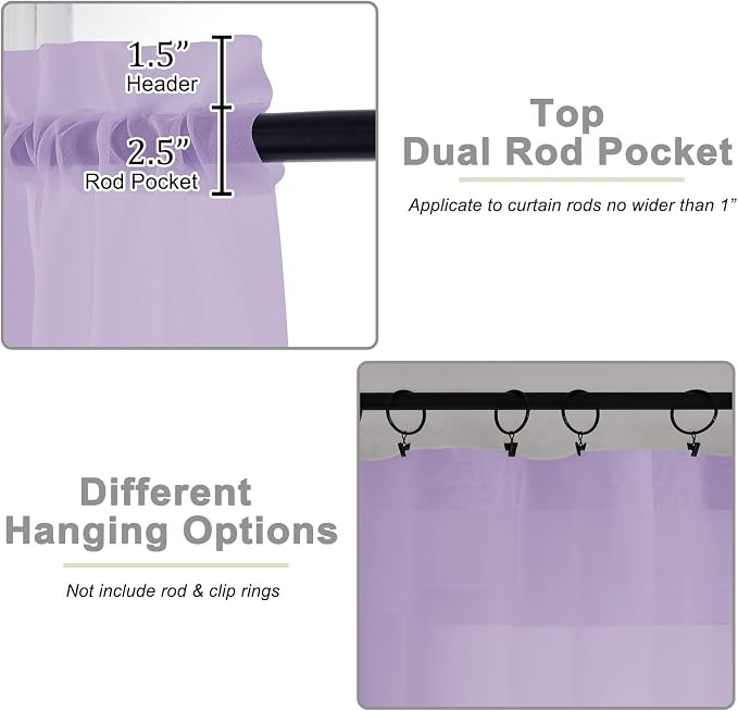 Sheer Lavender Curtains for Bedroom Living Room 54 Inch Length 2 Panels Set - Image 4