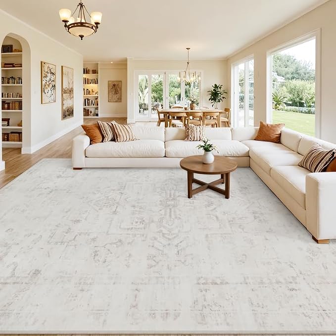 10x14 Area Rugs Living Room: Bedroom Washable Carpet Neutral Cream | Large by Luxturiy