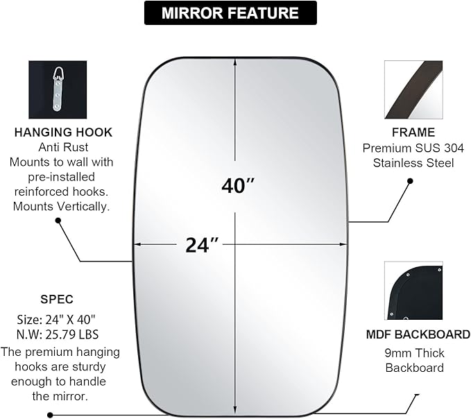 ANDY STAR Bronze Bathroom Mirror, 24x40 Inch Bronze Oval Mirror for Bathroom with Stainless Steel Metal Frame, Oblong Mirror for Bathroom, Living Room, Entryway