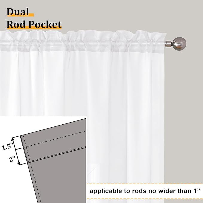 Aiyufeng Sheer White Curtains 120 Inches Long, Extra Long Rod Pocket Solid - Image 3