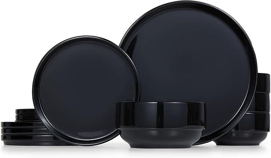 Ceramic Dinnerware Set, 12-Piece Service for 4, Soup Bowls (31.5 oz), Salad Plates (7.5"), Dinner Plates (10.5"), Round, Microwave and Dishwasher Safe, Black, Cambridge Classics