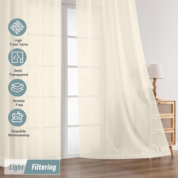 Cream Sheer Curtains for Windows 108 inches Long 2 Panels Set, Soft Lightweight - Image 5