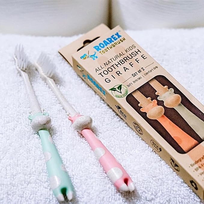 ROARex Vegan Eco Friendly All Natural Kids Toothbrush Made from Plants – Sweet Baby Giraffe | 100% Biodegradable and Compostable | 1% for The Planet Product