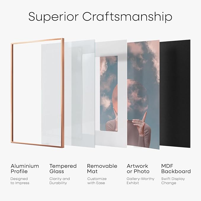 Homeforia 12x18 Picture Frame Rose Gold, High End Metal 12x18 Poster Frames with Mat 8.5x11 in Photo, 12 x 18 Rose Gold Frame Matted to 8.5 by 11 Print, 18x12 Frame, Tempered Glass, Wall Kit, Set of 1