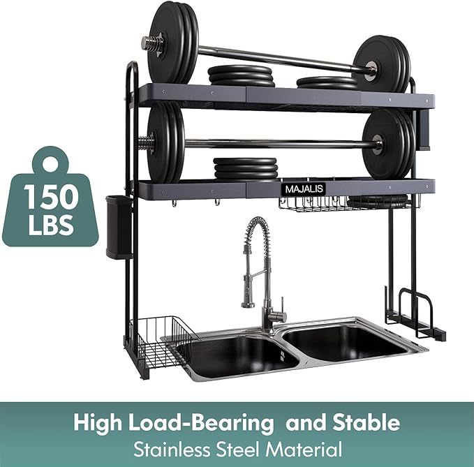 MAJALiS Over Sink Dish Drying Rack, Stainless Steel 2 Tier Large Dish Drainer Above Sink Adjustable 27.5" - 34.6", Expandable Kitchen Counter Organizer Storage Shelf with 6 Hooks