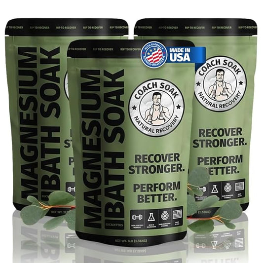 Coach Soak Recovery Bath Soak - Alternative to Epsom Salt Bath Soak - Fast-Absorbing Pure Magnesium Flakes with 21 Minerals, Bath Salts & Essential Oils - 9 lb (3 Pack) - Eucalyptus Tea Tree