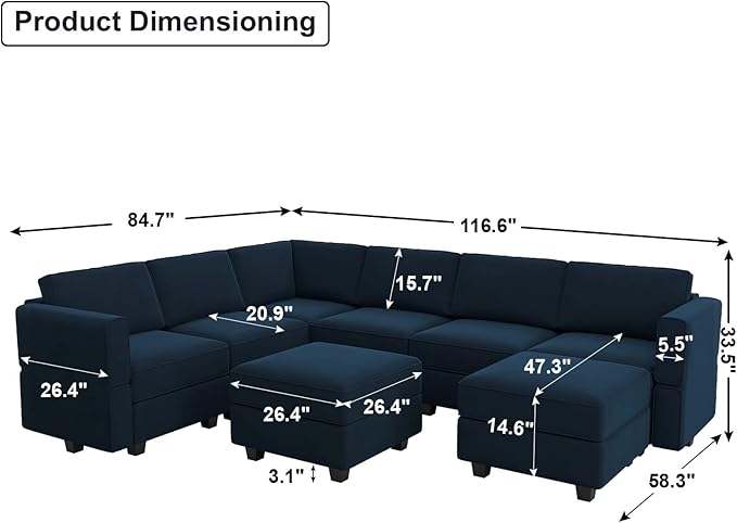 Belffin Modular Velvet Sectional Sofa with Storage Seat Oversized U Shaped Couch with Reversible Chaise Sofa Set with Ottoman Blue