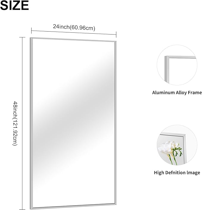 48x24In Silver Bathroom Mirror for Wall, Brushed Nickel Rectangle Mirrors with Metal Frame, Bathroom Rectangular Mirror Modern Wall Mirror for Bedroom Living Room, Hangs Horizontal or Vertical