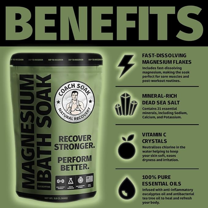 5 Pack Bundle: Coach Soak Recovery Bath Soak, Epsom Salt Bulk, Bath Salts Bulk, 5 Pack Bundle, Total of 15 Pounds (Eucalyptus Tea Tree)