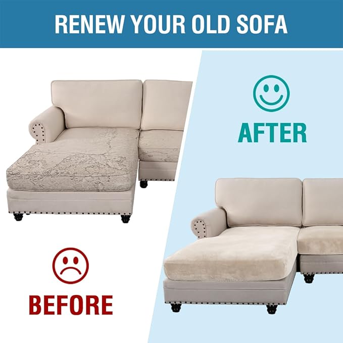 H.VERSAILTEX Velvet Stretch Sectional Couch Covers 3 Pieces Sofa Seat Cushion Covers L Shape Separate Cushion Couch Cover for Both Left/Right Sectional Couch (Large Sofa 2 Seater + 1 Chaise, Ivory)