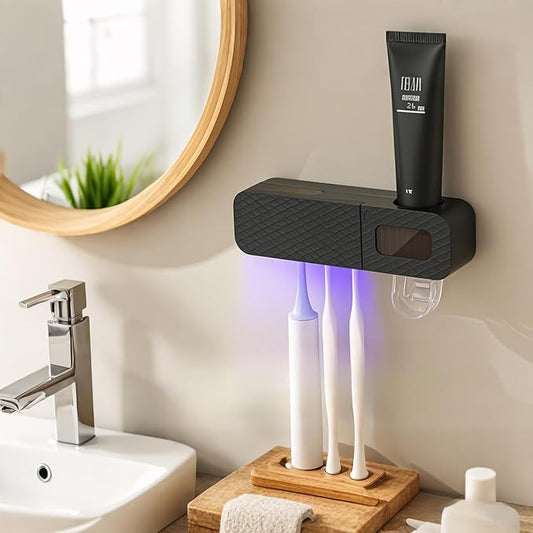 Smart Toothbrush Holder for Bathrooms, Toothbrush Cleaner Wall Mounted, Automatic Toothpaste Dispenser for Equipped with 3 Slots (Black)