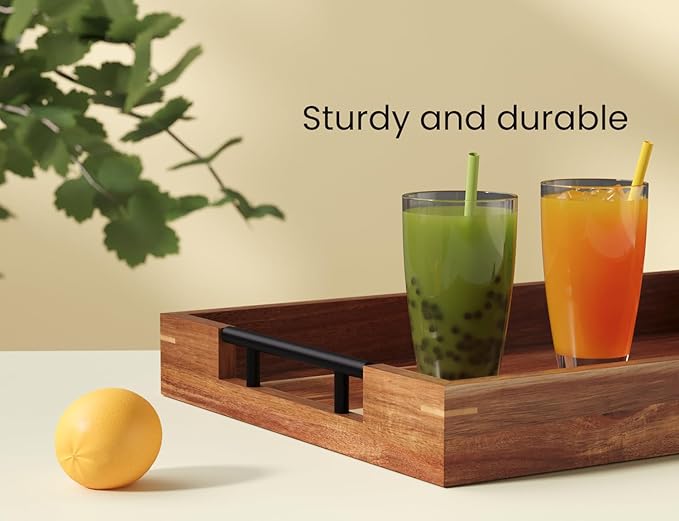 Acacia Wood Serving Tray with Metal Handles,17x12in Ottoman Decorative Trays Platter for Coffee Table,Living Room,Bar,Party(Large)