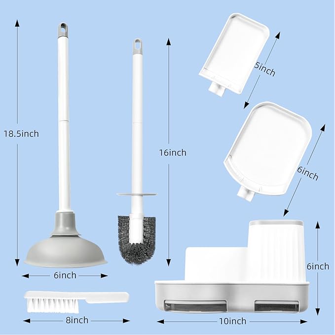 Toilet Brush and Plunger, 3 in 1 Toilet Bowl Brush and Holder with Crevice Cleaning Brush Wall Mounted Household Bathroom Cleaning Tools Combo Set(White-Gray)