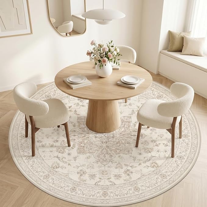 Round Area Rug Living Room: 8ft Washable Carpet Beige White | Vintage Boho - Image 2