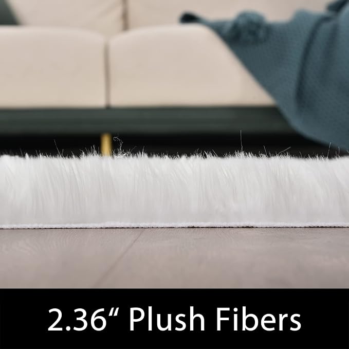 Latepis White Fur Rug 5x6.7, Faux Sheepskin Fluffy Washable Rug - Image 2