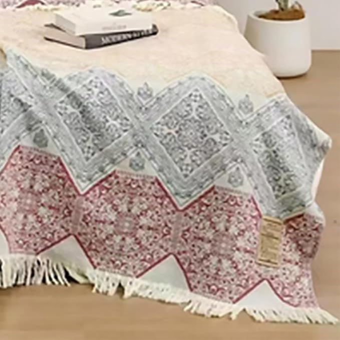 Boho Muslin Blanket for Adults 4-Layer Gauze Twin Size Soft Cozy 100% Cotton Summer Cooling Blanket Floral Decor for Sofa Bed Coverlet Both Sides (Tassels Boho, 80 x 90 in)