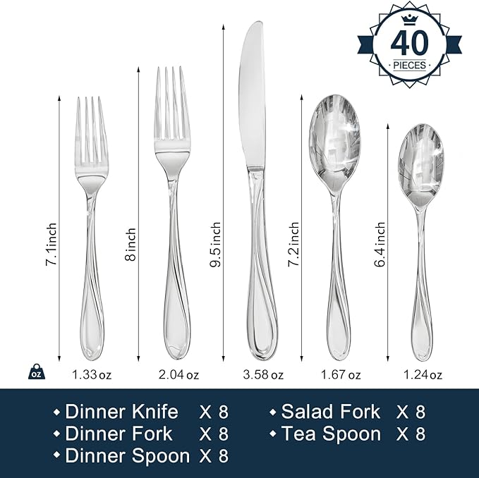 HIKAA Wave Design Silverware Set Service for 2, 10-Piece Artistic Stainless Steel Flatware Set with Fibonacci Pattern, Heavy Duty Mirror Polished Cutlery Set