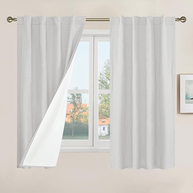 Short Window Linen Curtains 48 Inch Length 2 Panels, Light Grey | 100% Blackout by LAMIT